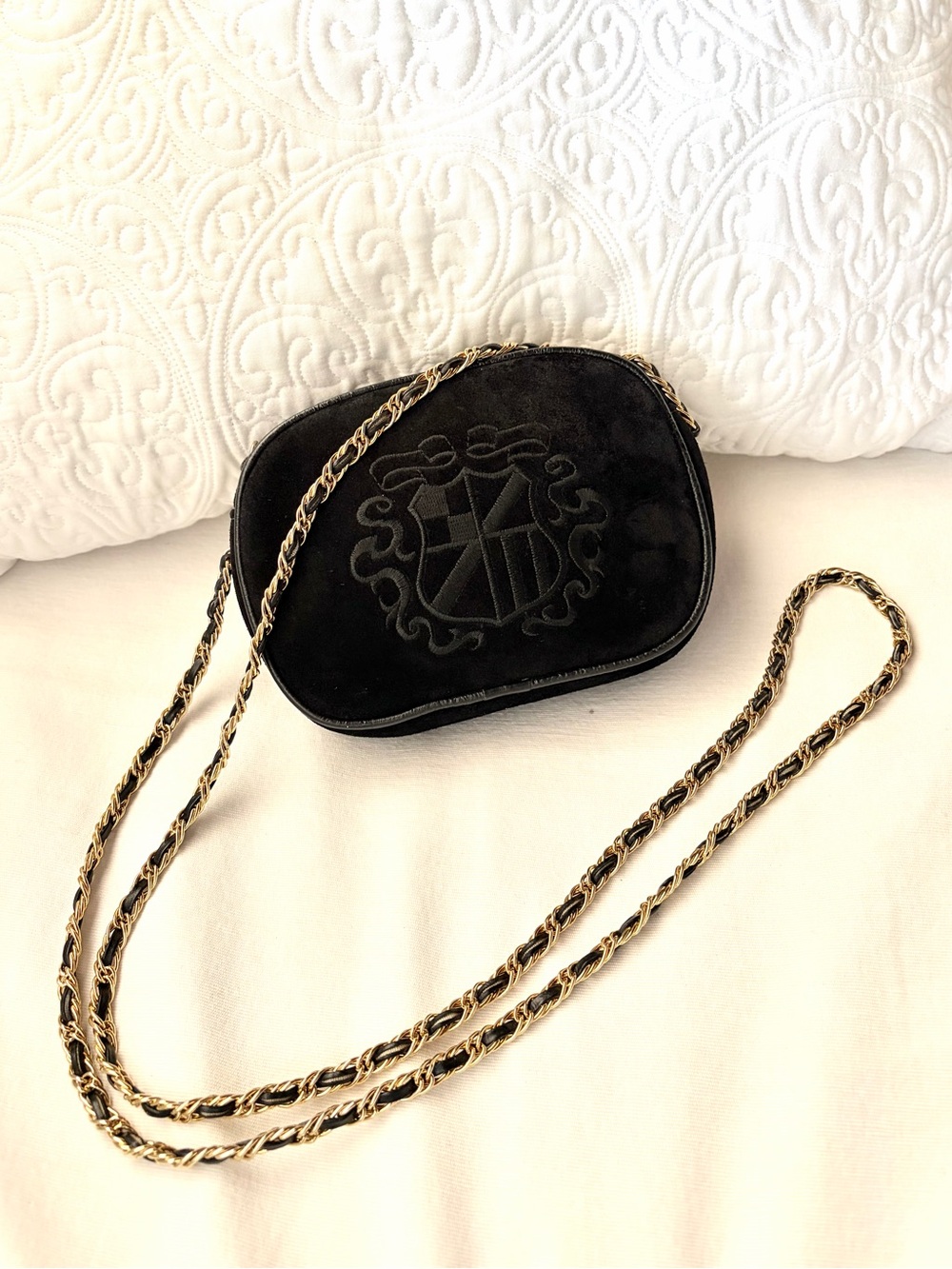 Vintage Ann Taylor Long Crossbody Purse Bag Black Suede Gold Hardware Bag, Crest